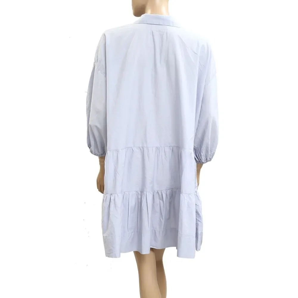 Free People Free-est Misha Mini Dress Cotton Tiered Puff Sleeve Blue L 283405 - Picture 4 of 6